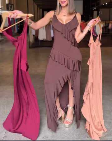 V Neck Adjustable Spaghetti Strap Multi layer Ruffles Slit Maxi Dress(Without Belt)